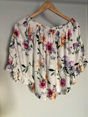 Dex White Off-Shoulder Floral Blouse with Pink, Purple & Yellow Flowers